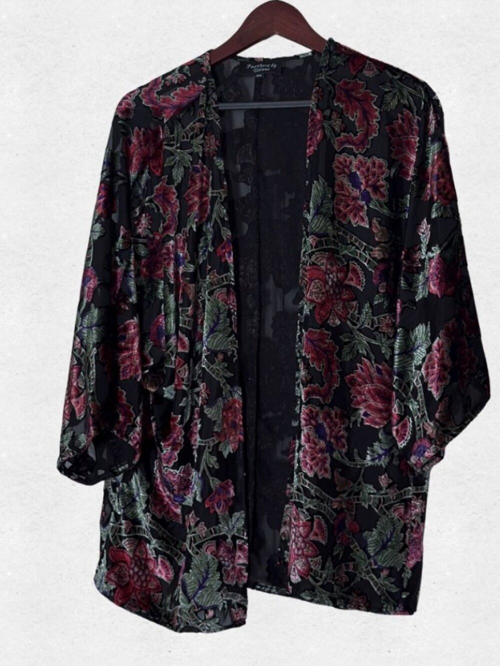 Whimsigoth Burnout Velvet Floral Print Kimono Cardigan Open Front Jacket OS Boho
